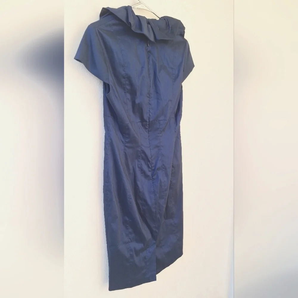 Adrianna Papell Navy Blue Metallic Taffeta Ruffle Neck Women's Dress Size 10 - Picture 3 of 9